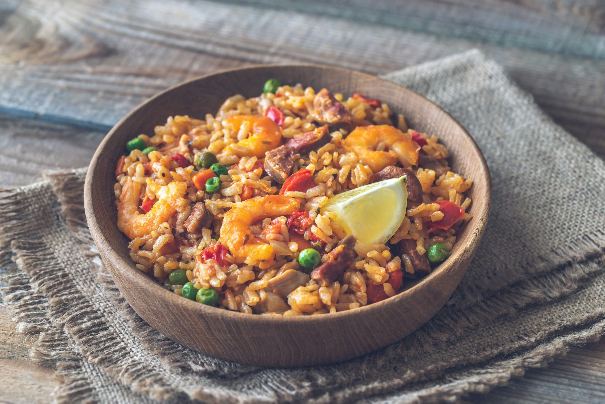 Bowl of chicken and chorizo paella